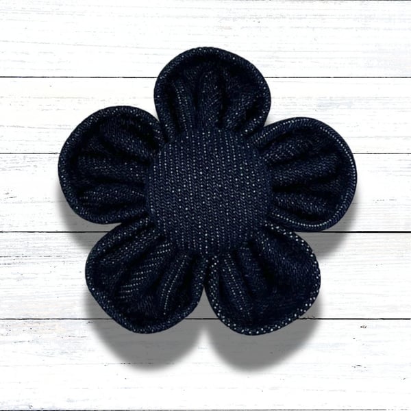 Dark Blue Denim Kanzashi Brooch with Fabric Button Centre 