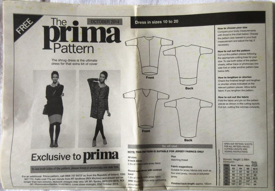A multi-size sewing pattern for a woman's shrug dress (sack dress) 