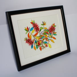 PEN AND WATERCOLOUR SKETCH OF BOTTLEBRUSH PLANT-FREE P&P