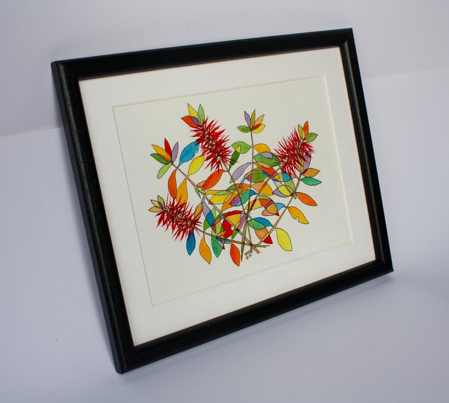 PEN AND WATERCOLOUR SKETCH OF BOTTLEBRUSH PLANT-FREE P&P
