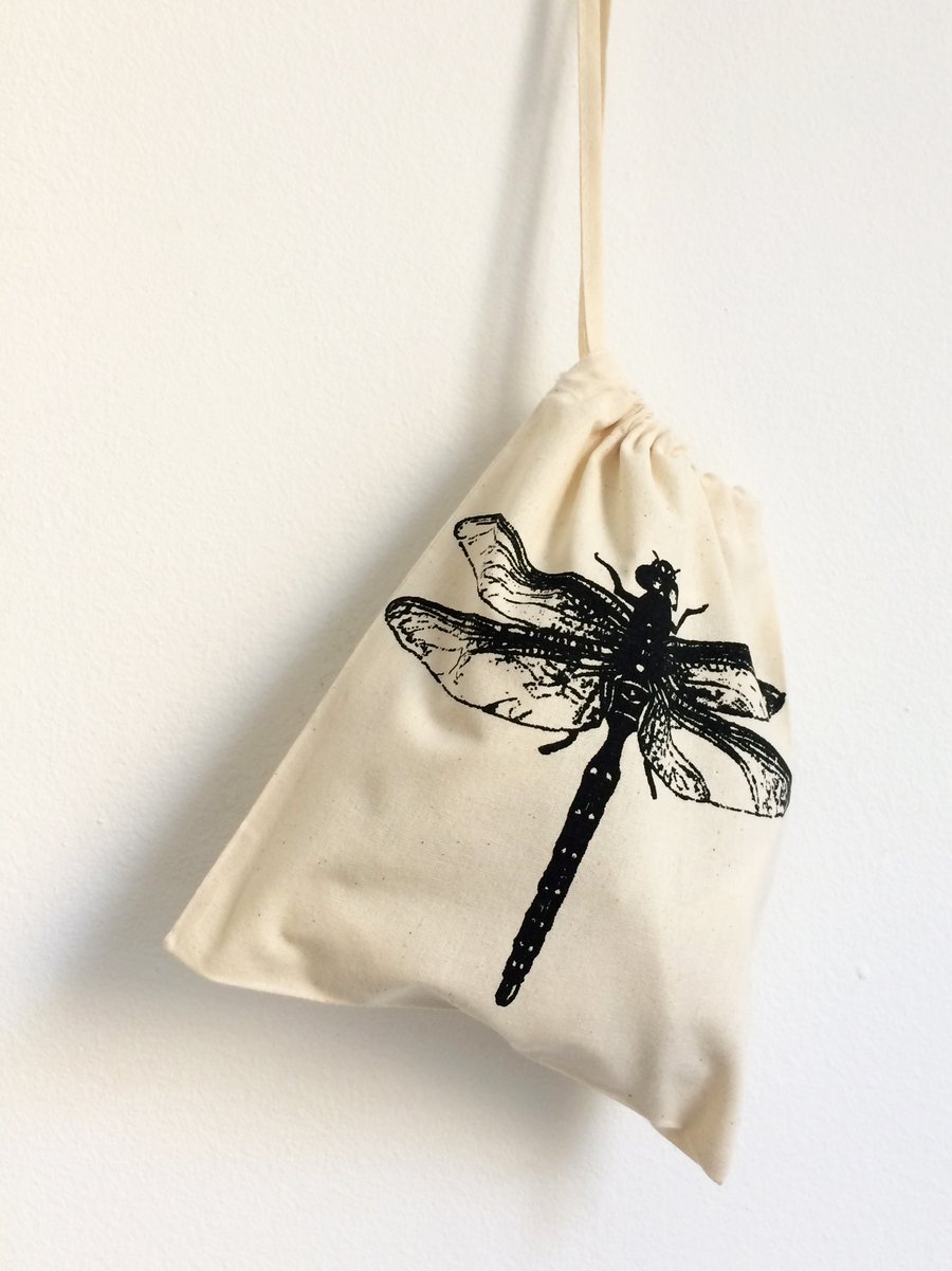 Dragonfly print  hand printed cotton drawstring small storage bag 