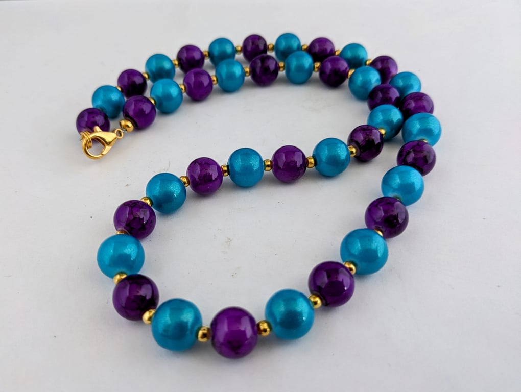 Purple and azure blue glass bead necklace - 1002728