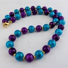 Purple and azure blue glass bead necklace - 1002728