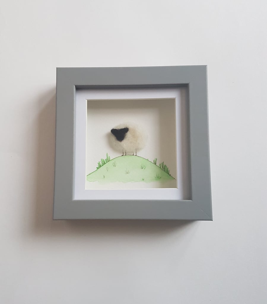 Felted sheep on a hill watercolour and ink mini picture