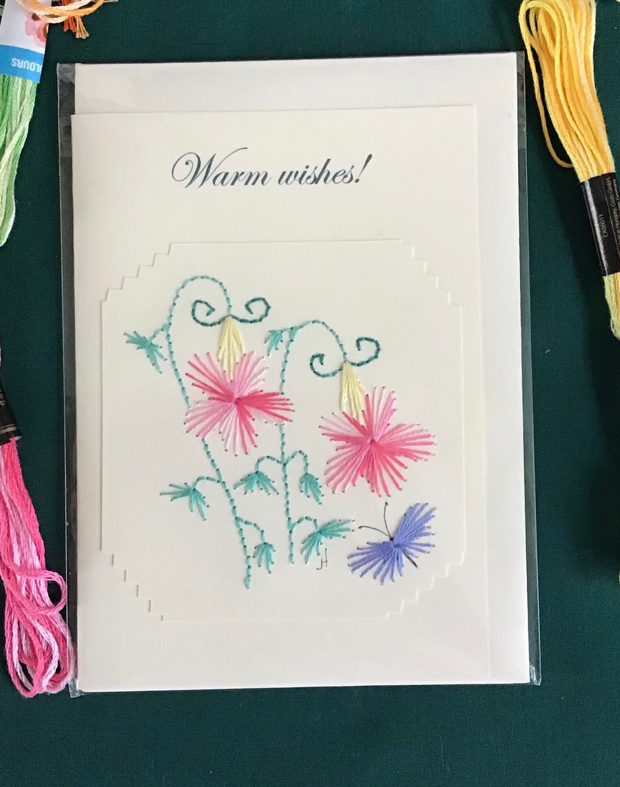 Embroidered card,Embroidery,Blank card,Greetings card,Hand sewn card,Flower card