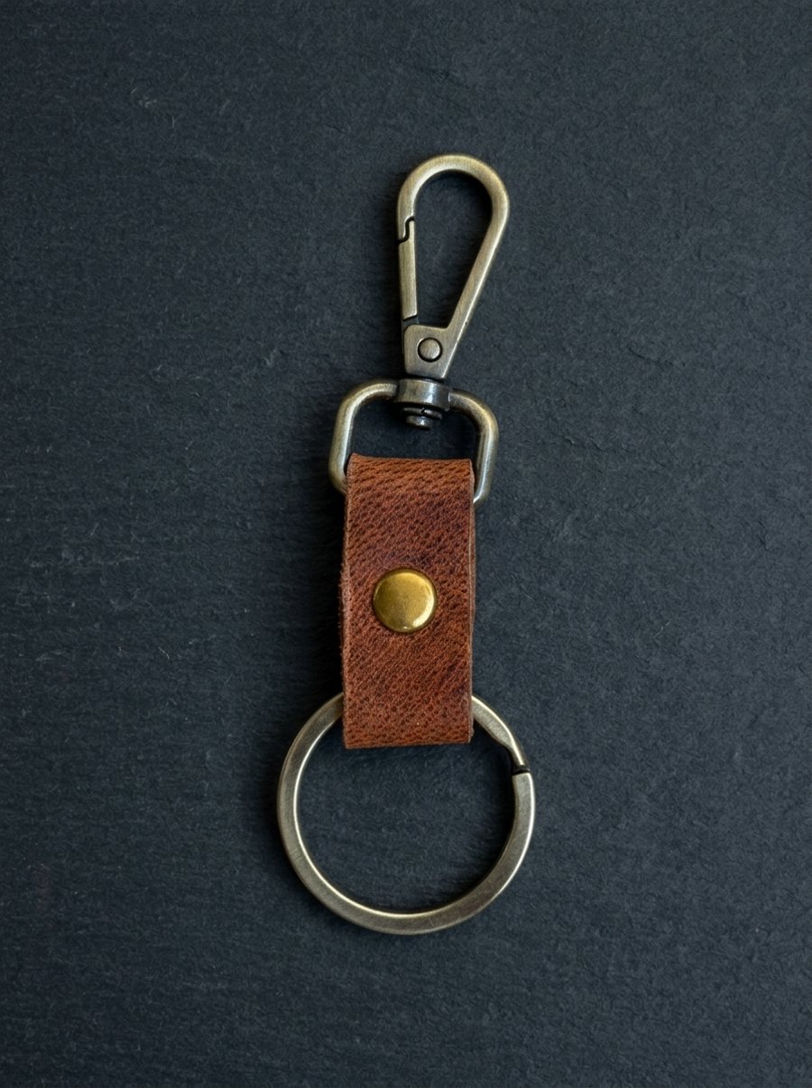 Cognac Tan Full Grain Compact Leather Snap Hook Keychain Handmade UK