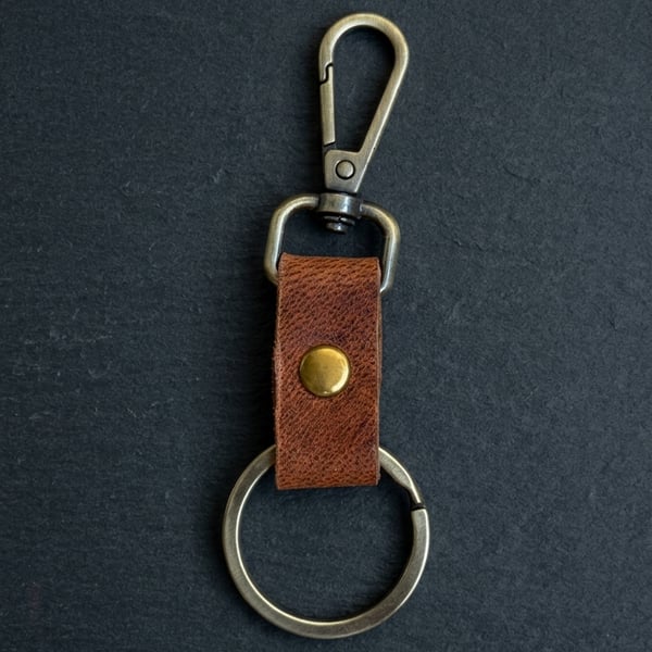 Cognac Tan Full Grain Compact Leather Snap Hook Keychain Handmade UK