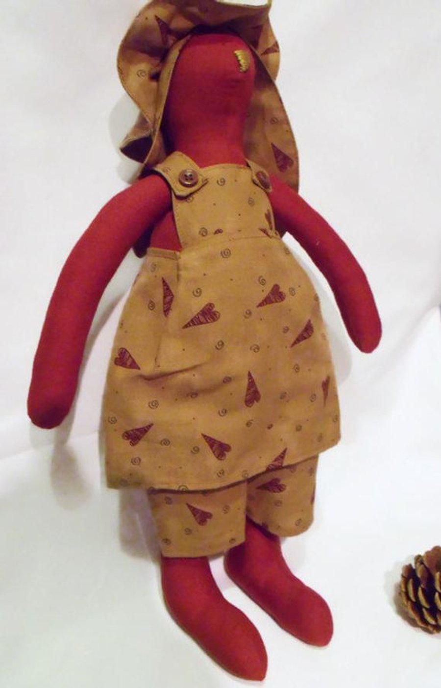 Tilda style rust red primitive bunny rabbit doll for display