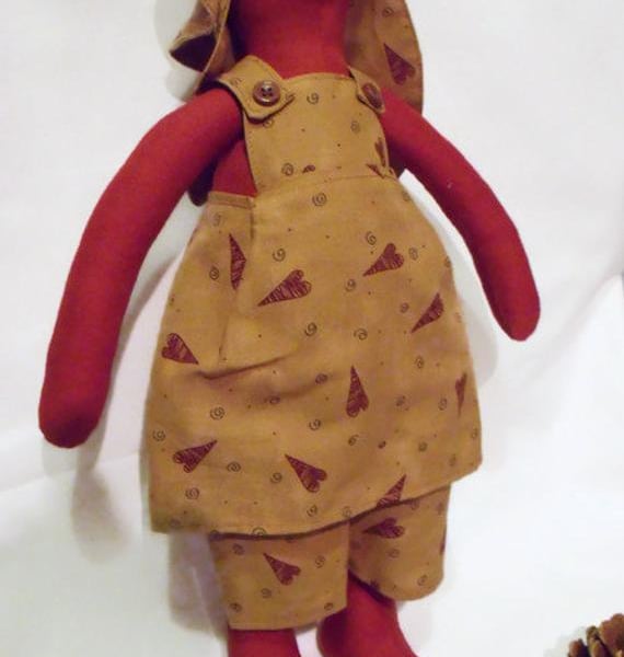 Tilda style rust red primitive bunny rabbit doll for display