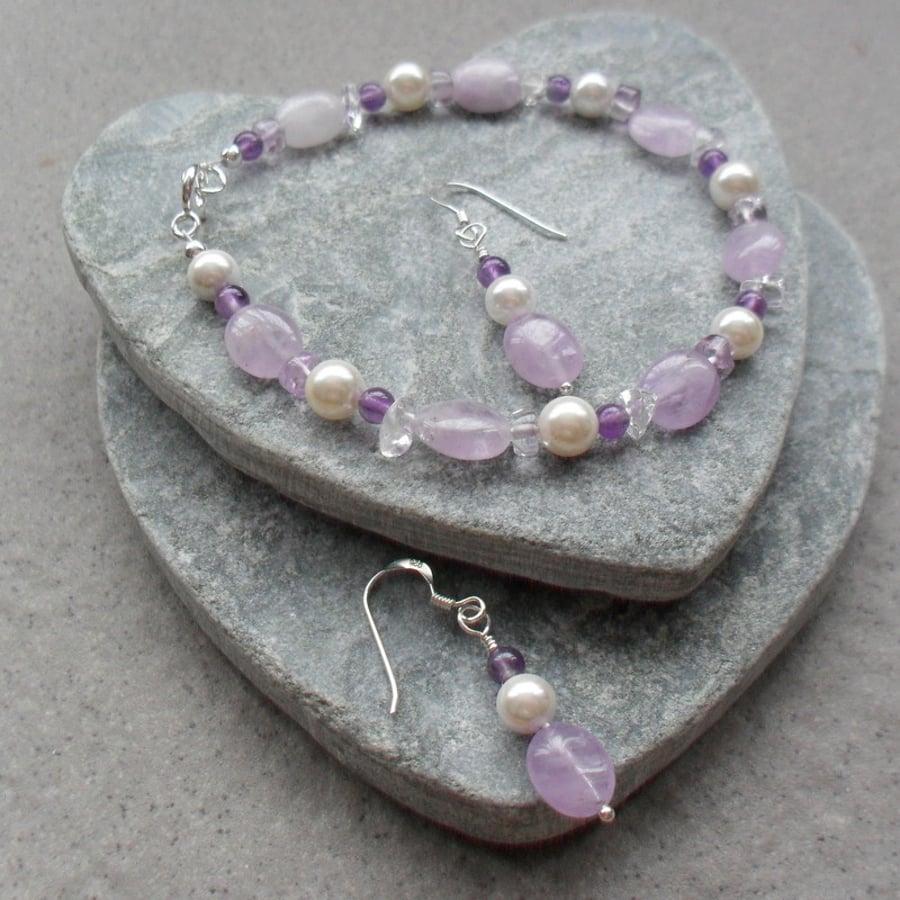 Lilac Amethyst Quartz and Shell Pearl Sterling Silver Bracelet and Earrings
