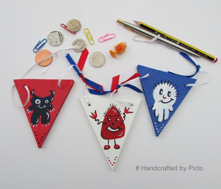 Wooden Bunting, hand painted onto mdf, Monsters on bunting