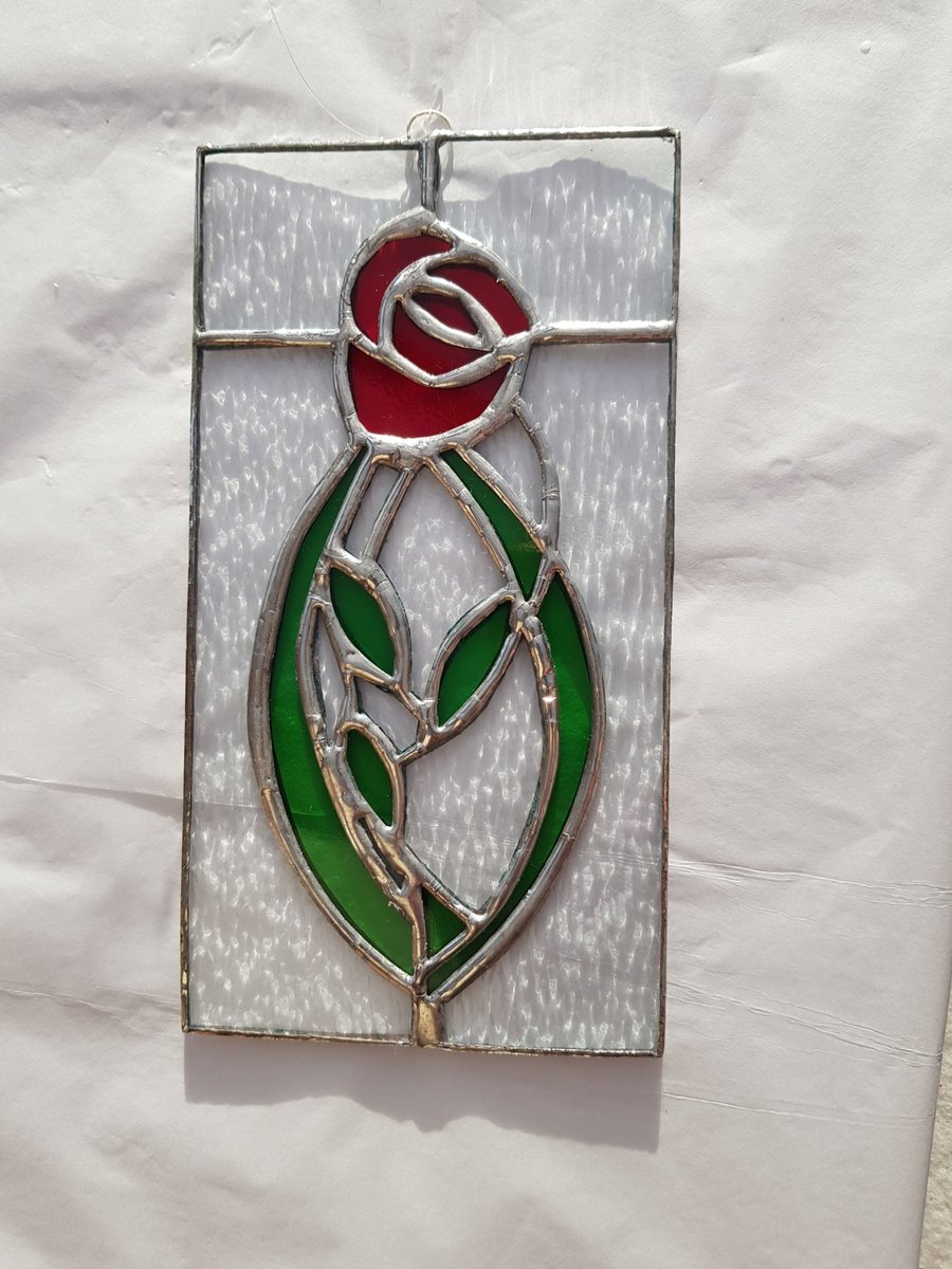 451 Stained Glass Rectangle Macintosh inspired Rose - handmade glass hanging