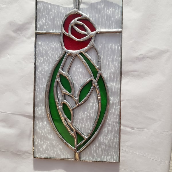 451 Stained Glass Rectangle Macintosh inspired Rose - handmade glass hanging