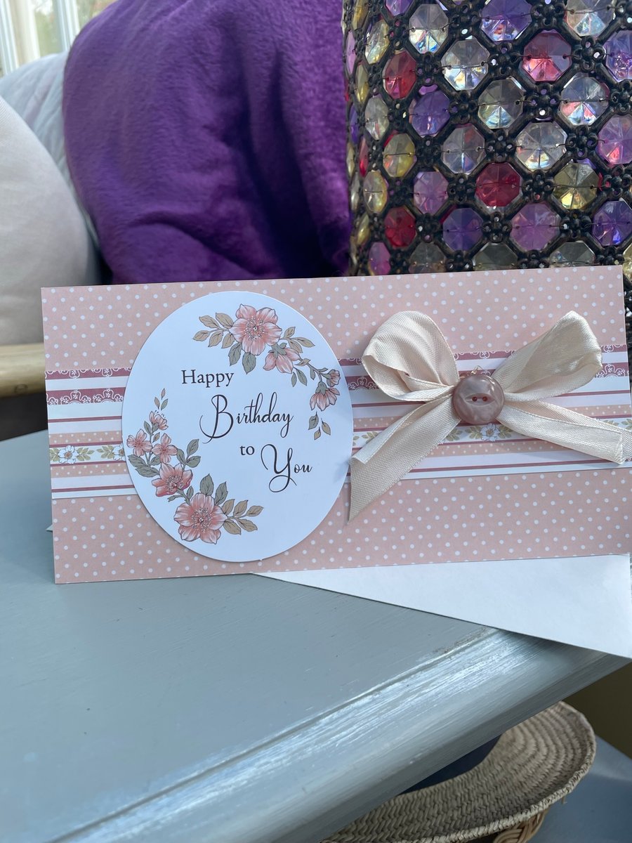 Floral, bow and button happy birthday card