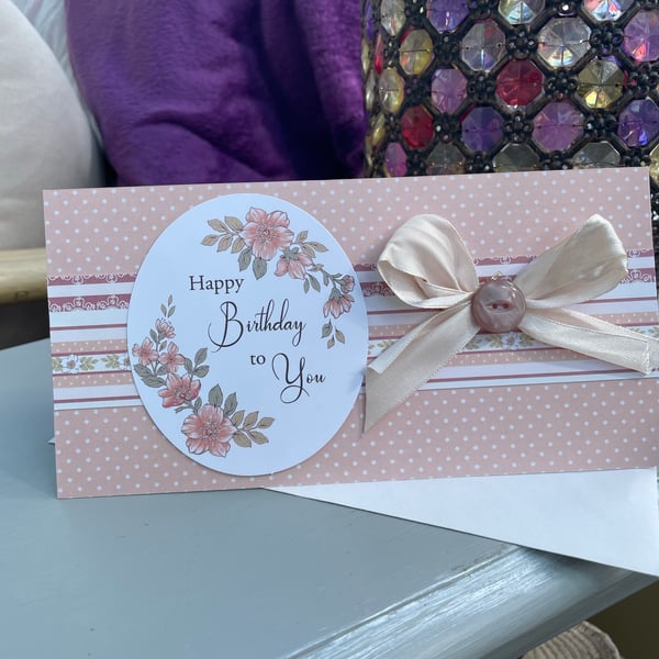 Floral, bow and button happy birthday card
