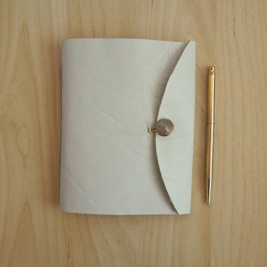 Cream Leather Journal with gold button and dandelions. Gifts for her, for women.