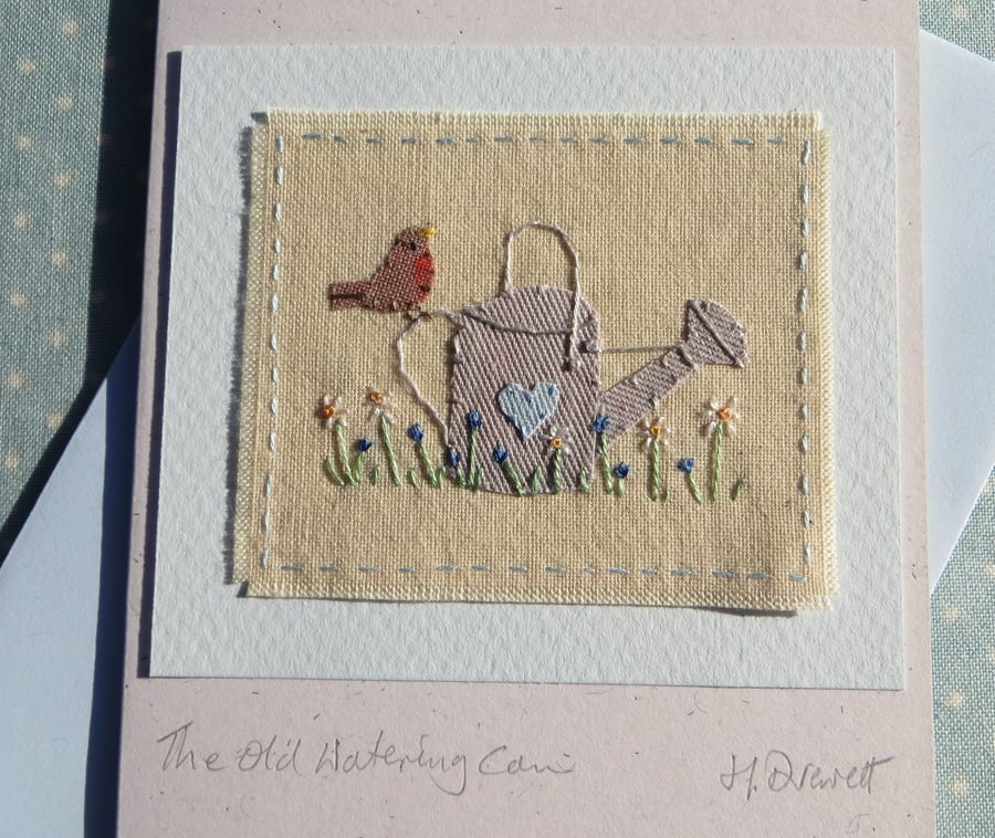 The Old Watering Can - hand-stitched card