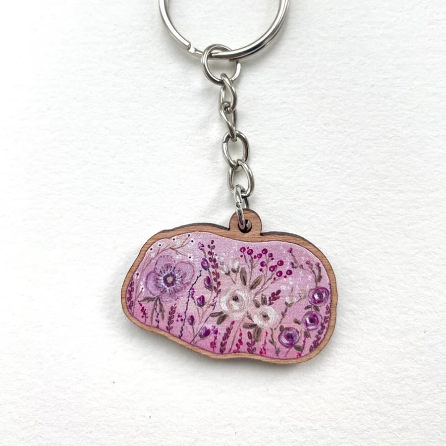 Guinea Pig Keyring-  Small Wooden Charm Floral Pink Shape 