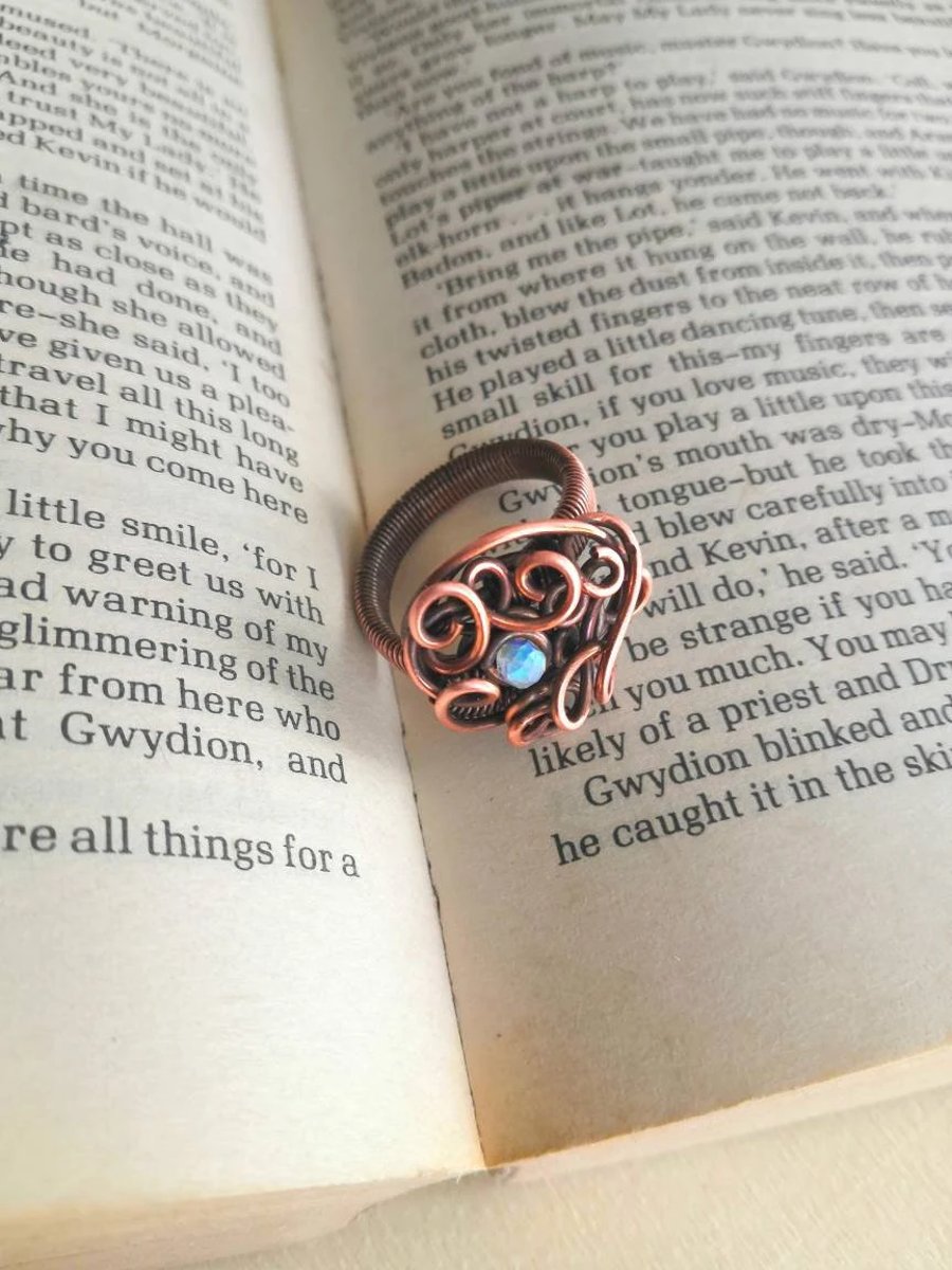 Rainbow Moonstone Copper Wire-wrapped Swirl Statement Ring, UK Sz Q