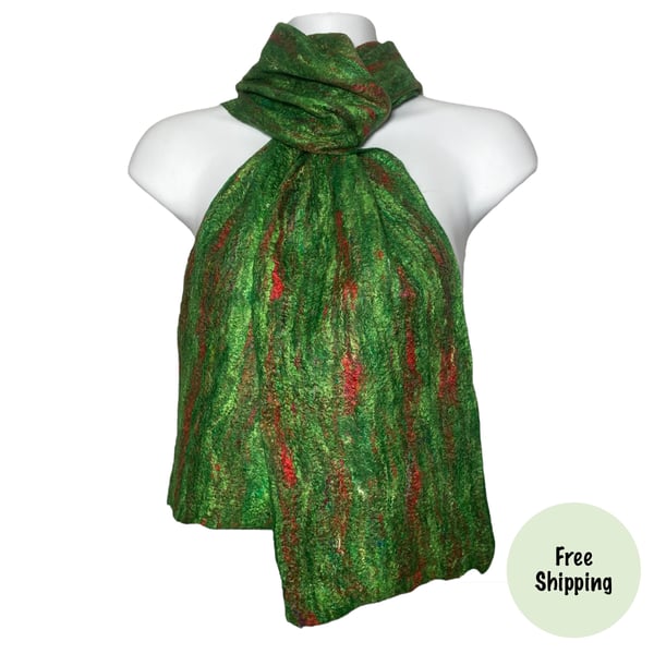 Merino wool and silk scarf in green and red