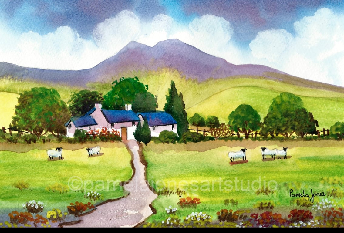 Pen Y Fan, Cottage, Sheep, Brecon Wales, Watercolour Print in 20 x 16'' Mount