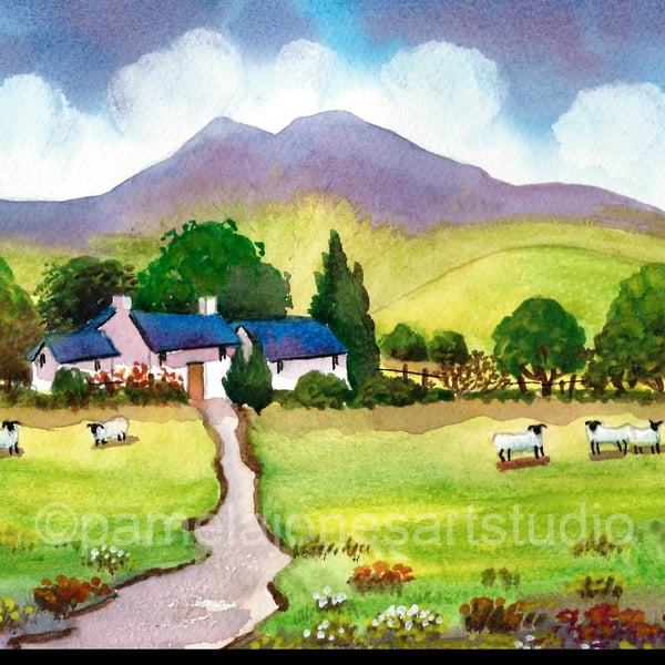 Pen Y Fan, Cottage, Sheep, In The Brecon Beacons, Wales, Watercolour Print .