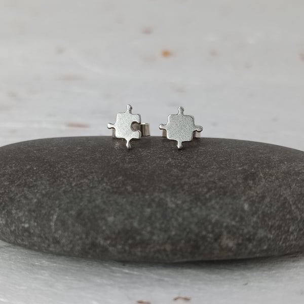 Recycled sterling silver jigsaw piece studs – handmade earrings 