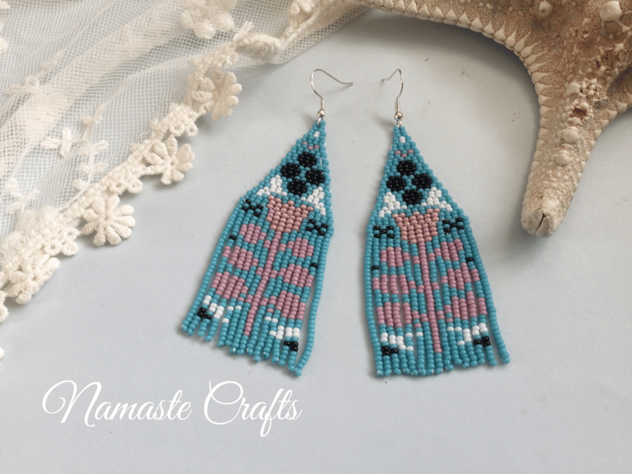 Earrings, long fringe hand beaded folk design, boho