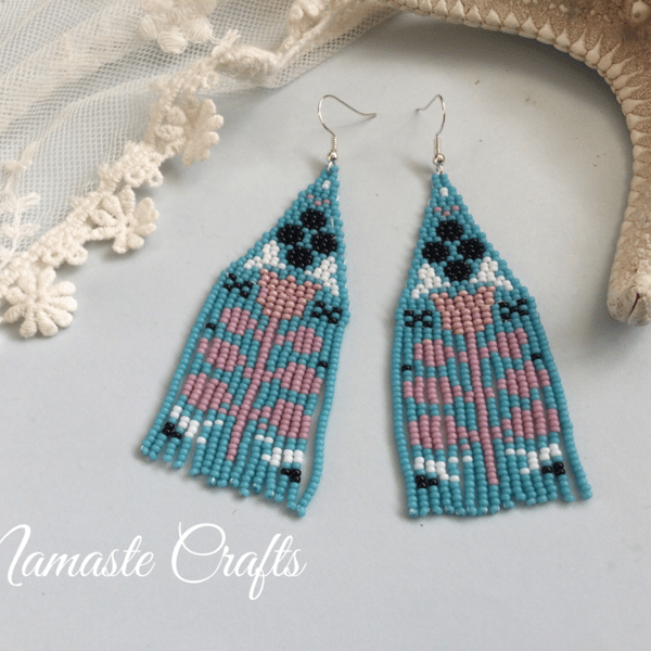 Earrings, long fringe hand beaded folk design, boho