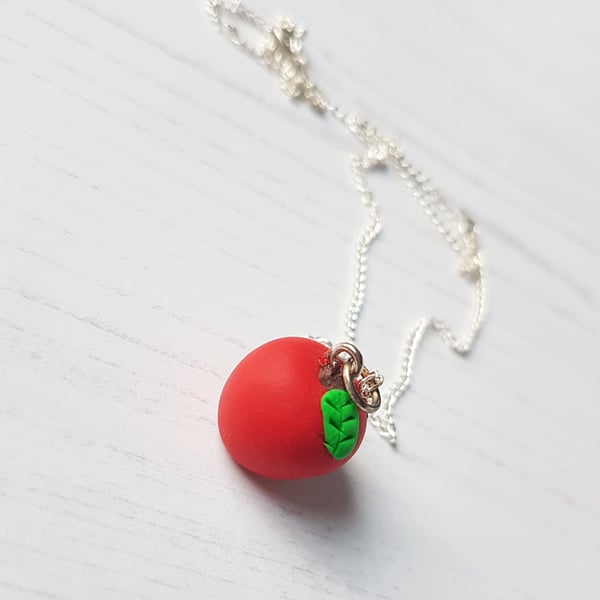 Red Apple Charm Necklace, handmade, polymer clay, Teacher Gift