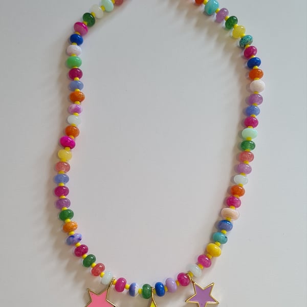 Bright rainbow beaded necklace with star charms - Folksy