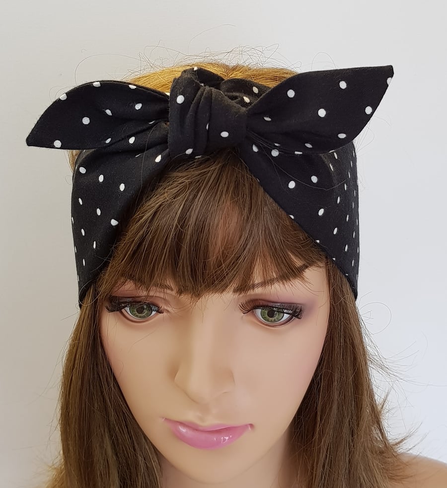 Spotted hair wrap self tie retro style head scarf cotton hair tie headband