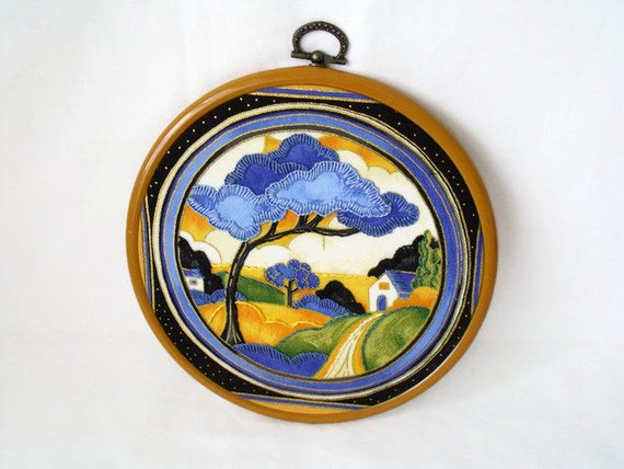 clarice cliffe art deco embroidered hoop art wall hanging, deco dance pattern