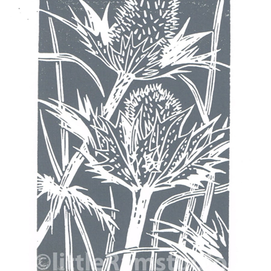 Eryngium grey - Hand cut Linocut Print