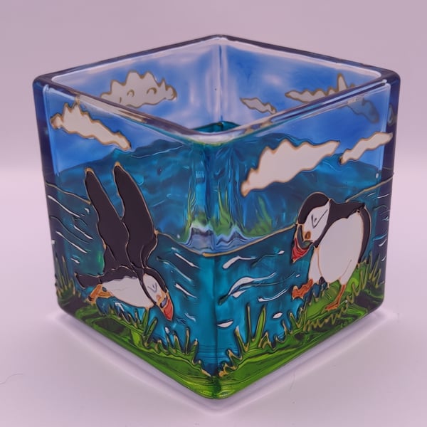Hand painted candle holder, puffins