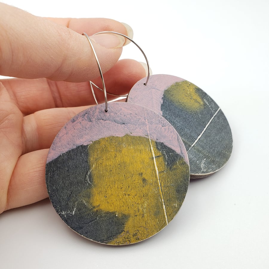 Pink, navy blue and mustard large wooden printed earrings