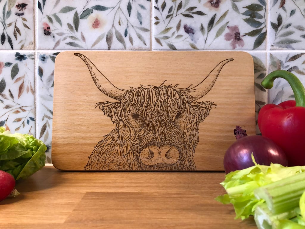 Small beech highland cow chopping board laser engraved with original artwork
