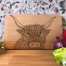 Small beech highland cow chopping board laser engraved with original artwork