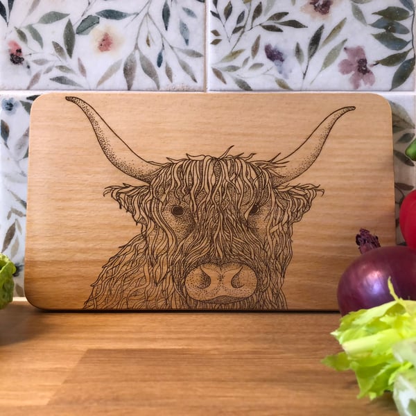 Small beech highland cow chopping board laser engraved with original artwork
