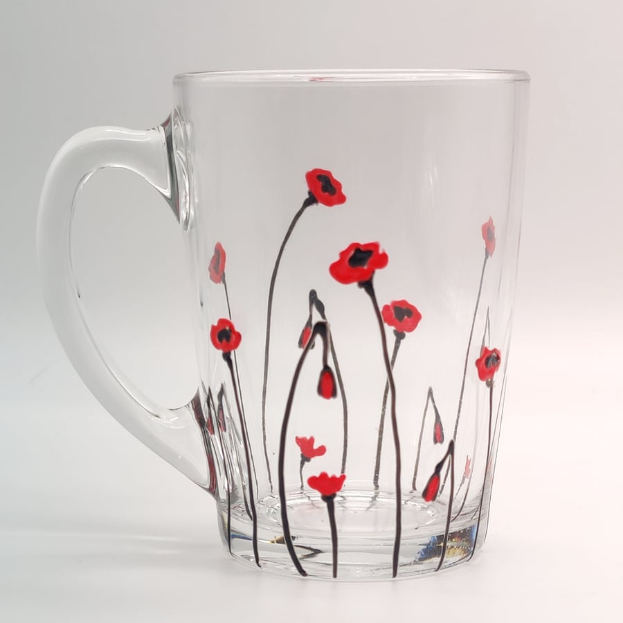 Hand-painted 'Poppy' Glass Mug
