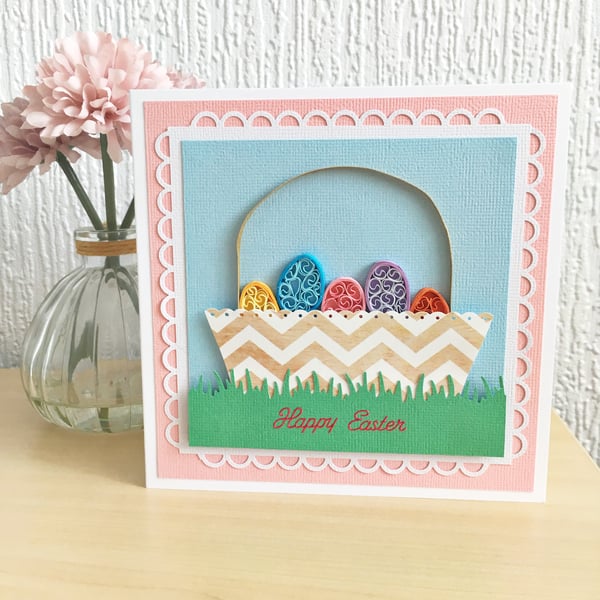 Easter card - quilled Easter eggs in basket