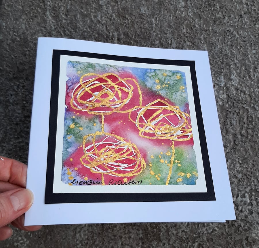 Handpainted Original Blank Card. Abstract Roses. Valentine. SALE