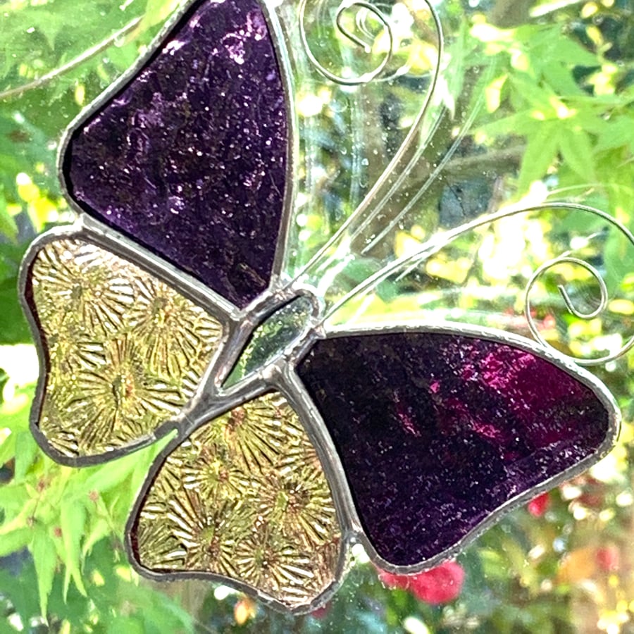 Stained Glass Butterfly Suncatcher - Handmade Decoration - Purple and Pink