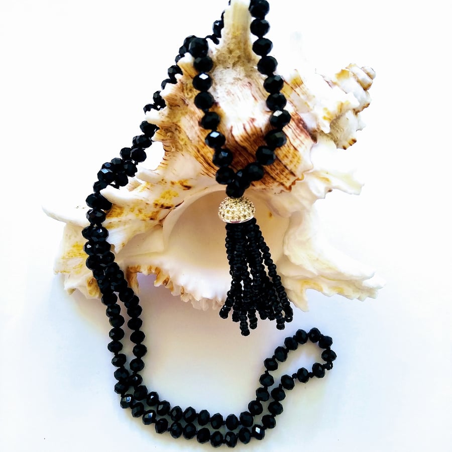 Black Crystal Tassel Overhead Necklace 28 inch, 
