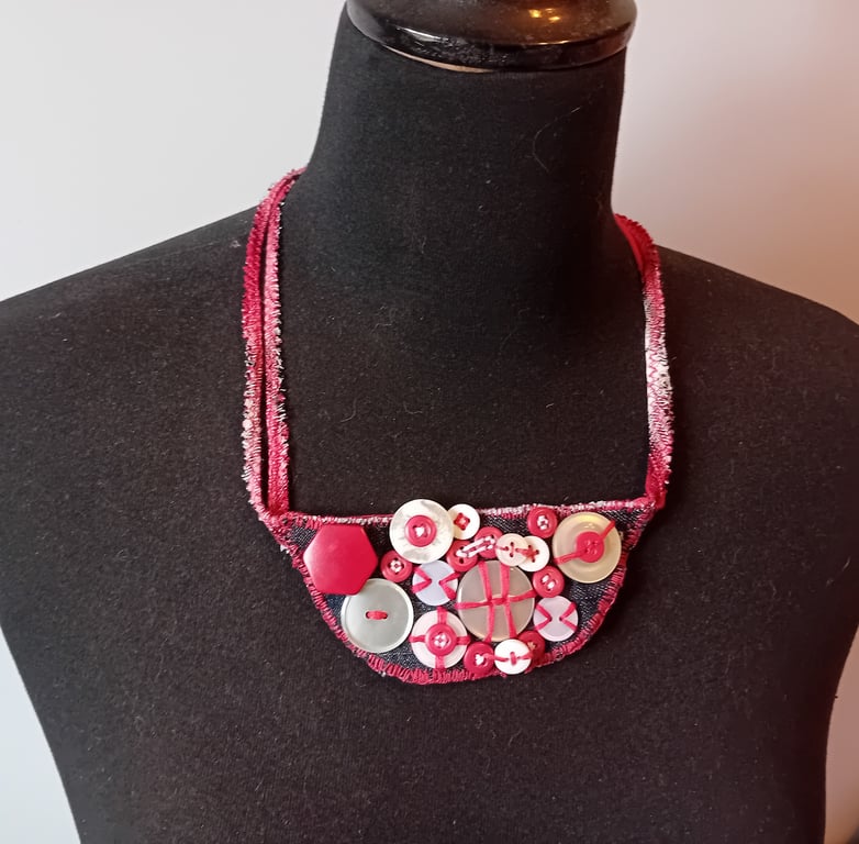 Red and White Button Necklace