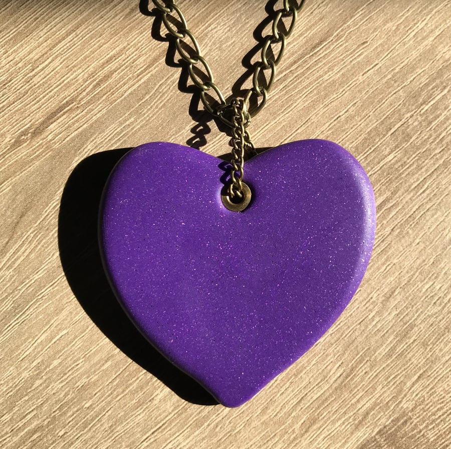 Heart of the Lake - Purple Glitter Sparkle Polymer Clay Pendant Necklace