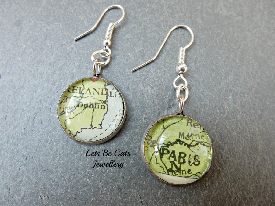 Paris & Dublin upcycled map earrings