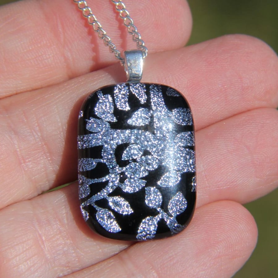 Image of Silver leaves dichroic glass pendant necklace, fused glass necklace F45