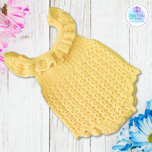 Yellow ruffle crochet baby romper. Ruffled romper.  Age 0-6 months