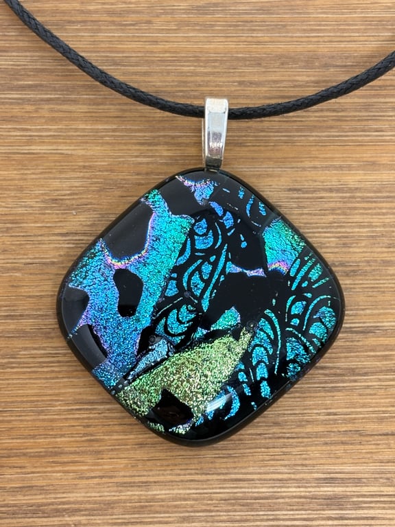 Blue Dichroic Glass Square Pendant
